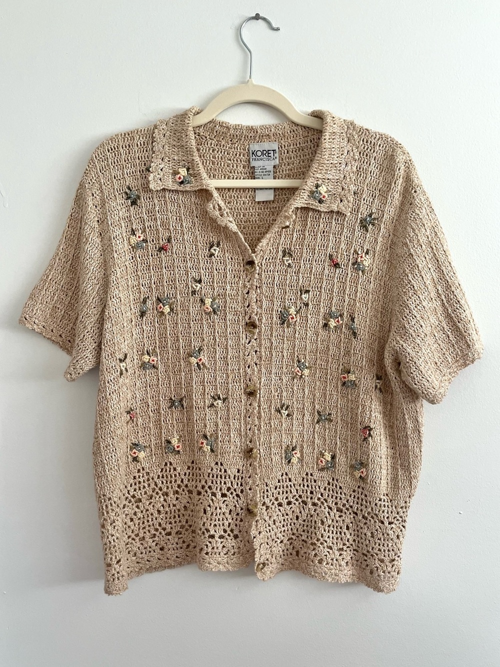 Vintage Koret Beige Crochet Button-Front Cardigan Floral Embroidered Cottagecore